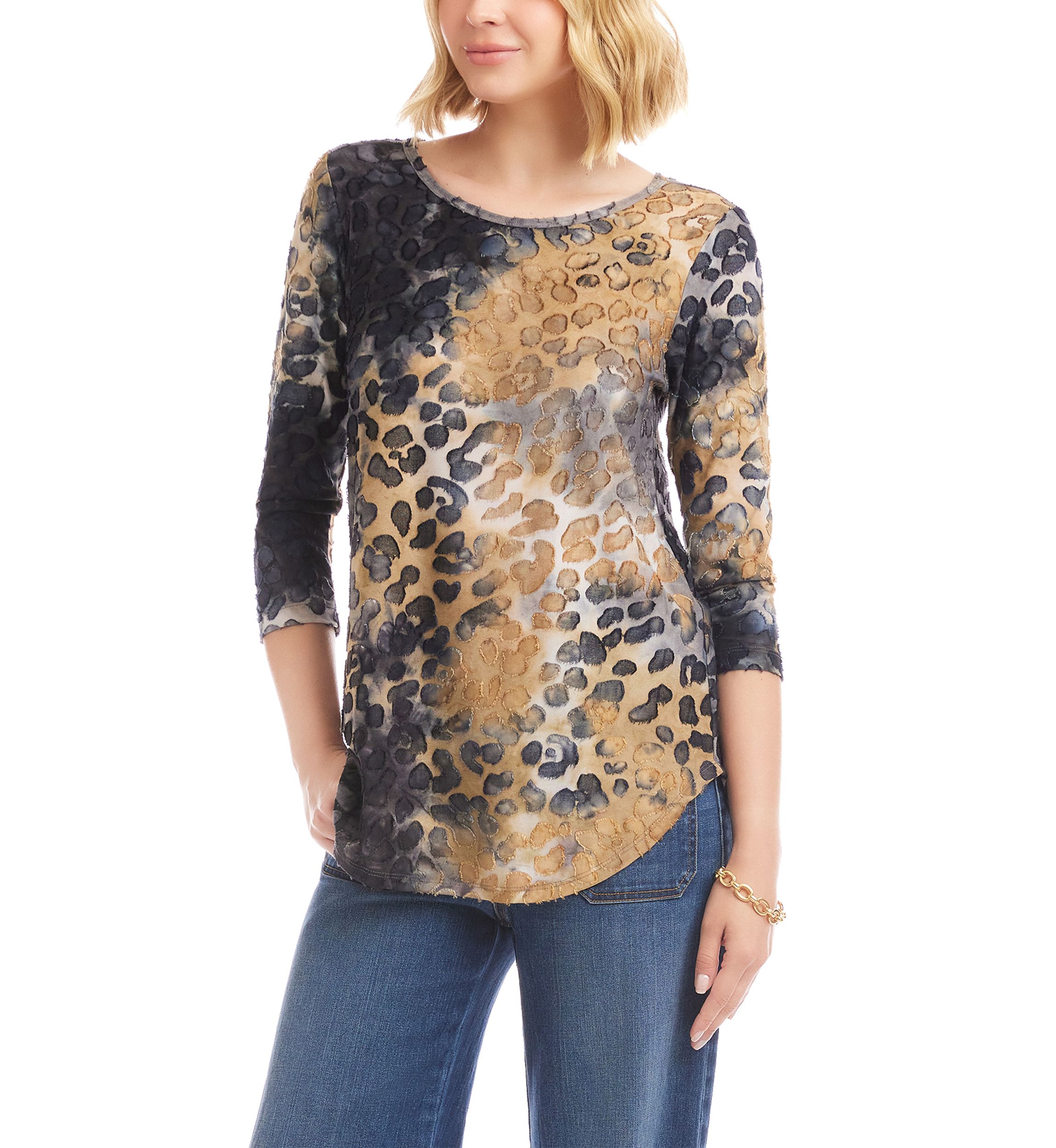 Womens 3/4 Sleeve Burnout Shirttail Top