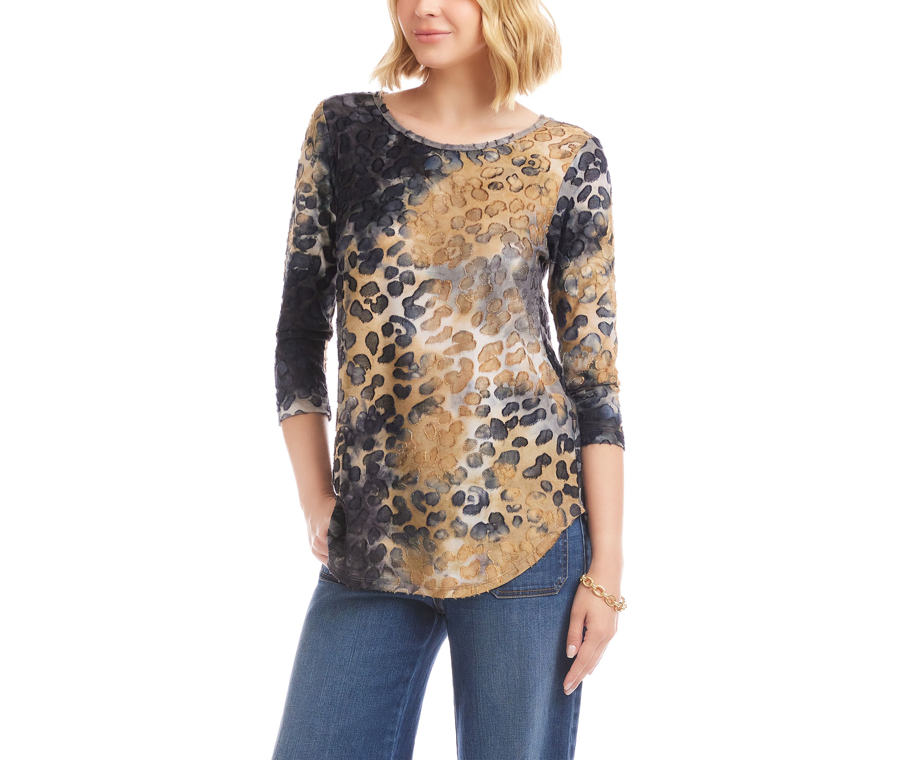 Womens 3/4 Sleeve Burnout Shirttail Top