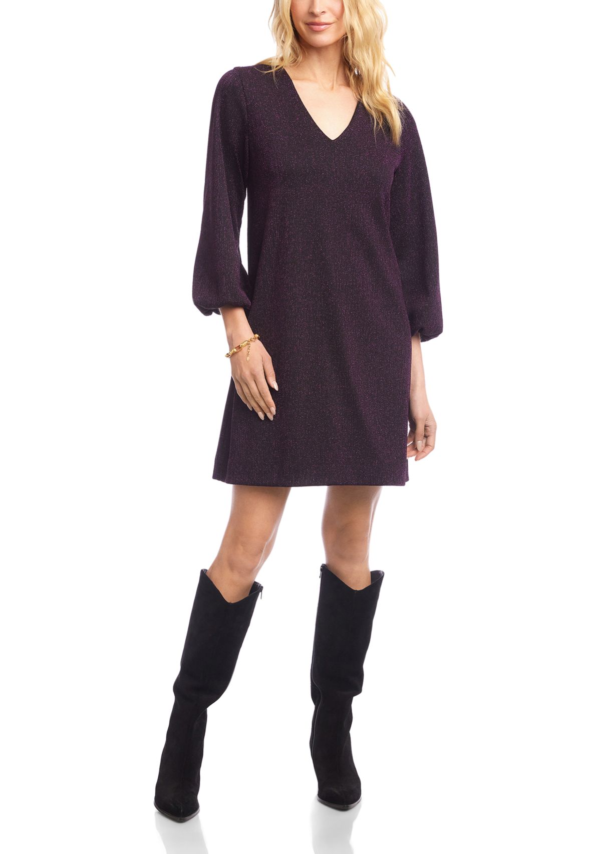 Womens Blouson Sleeve Metallic Knit V-Neck Dress