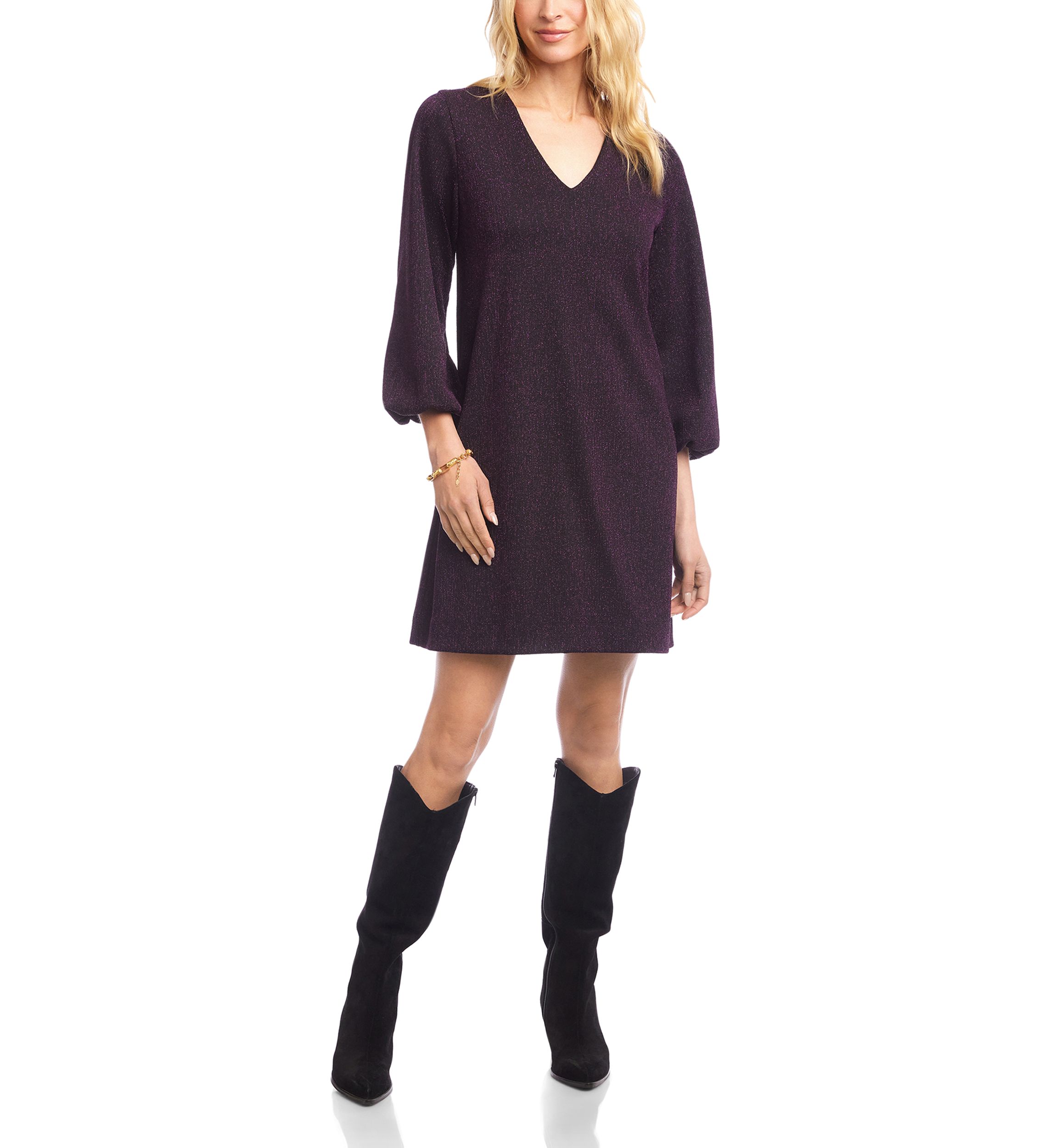 Womens Blouson Sleeve Metallic Knit V-Neck Dress