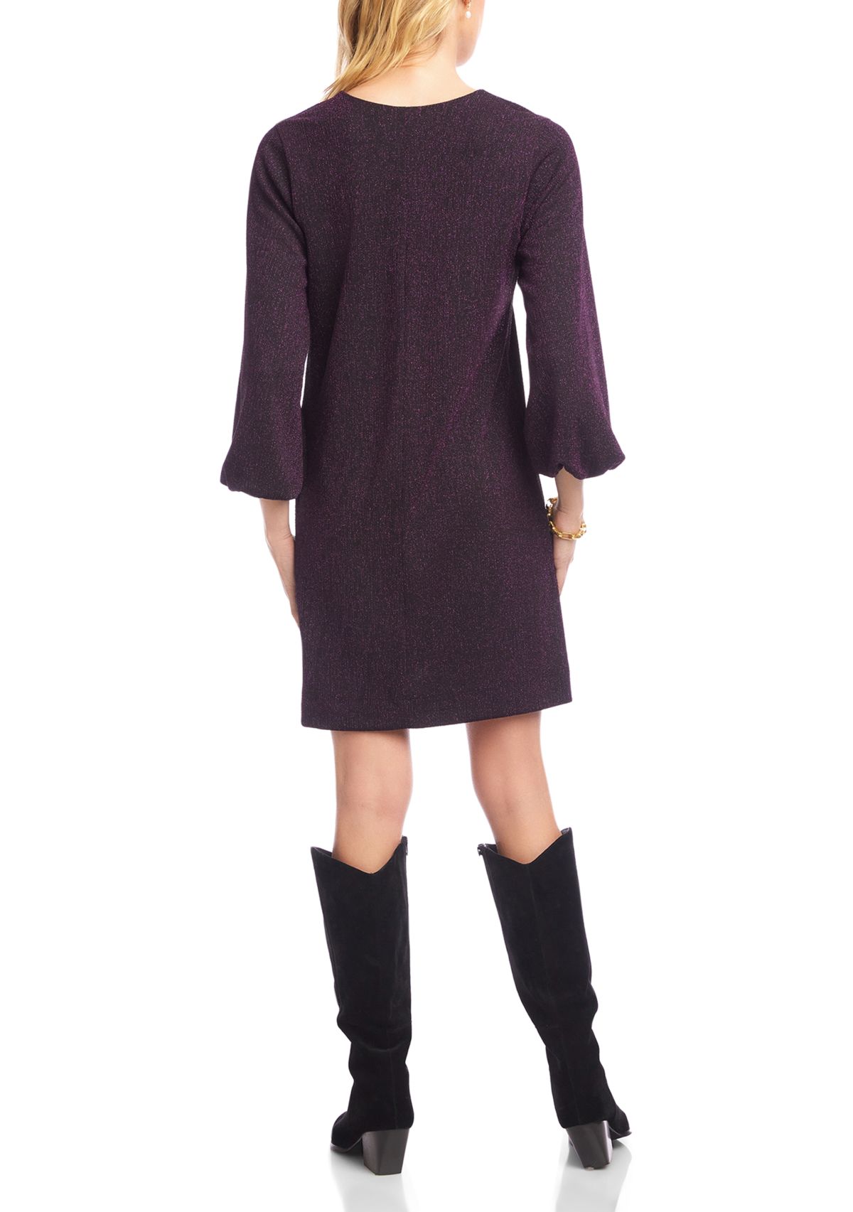 Womens Blouson Sleeve Metallic Knit V-Neck Dress