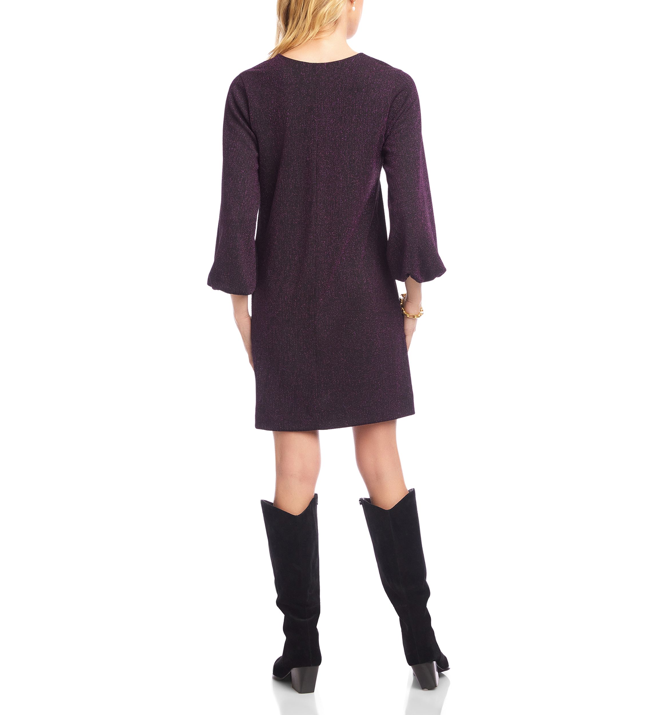 Womens Blouson Sleeve Metallic Knit V-Neck Dress