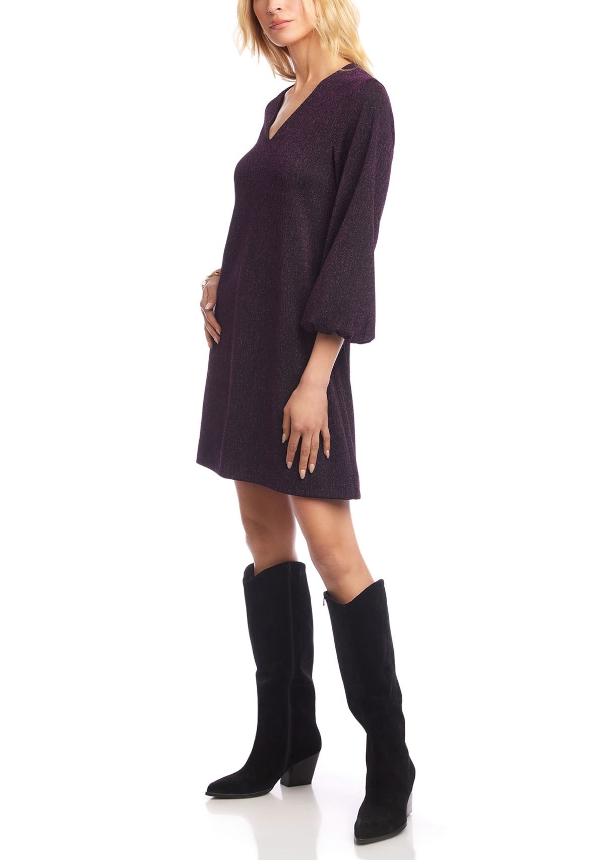 Womens Blouson Sleeve Metallic Knit V-Neck Dress