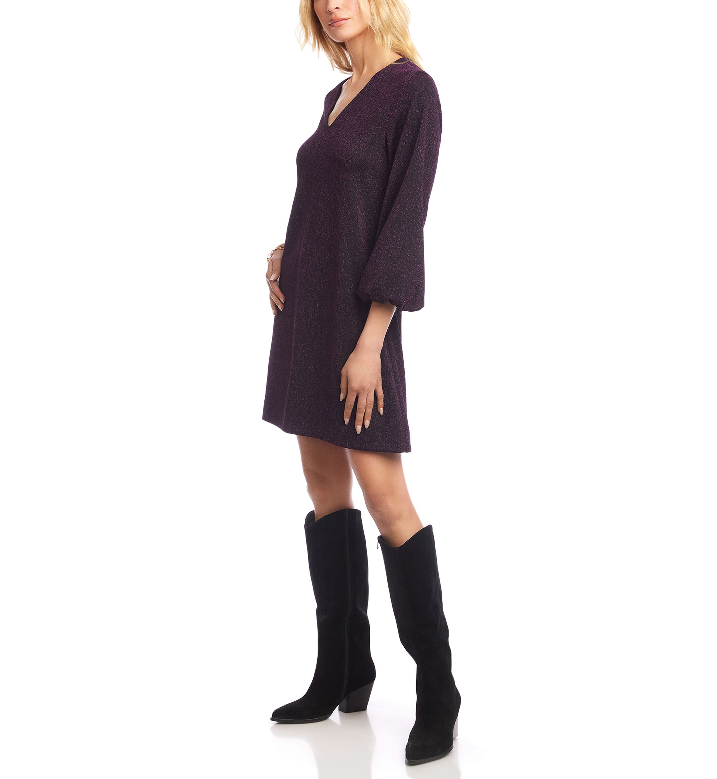 Womens Blouson Sleeve Metallic Knit V-Neck Dress