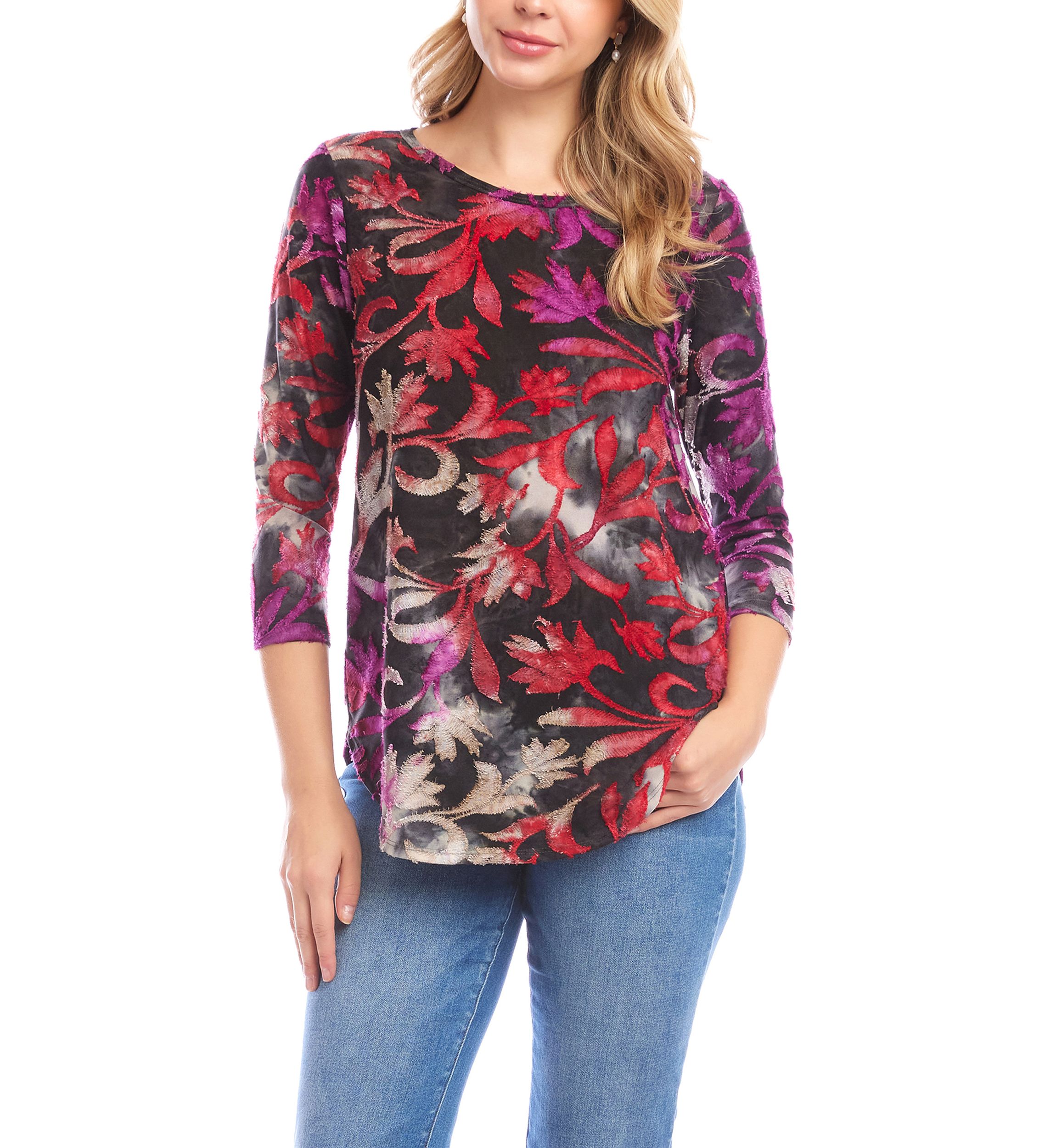 Petite Size 3/4 Sleeve Burnout Shirttail Top