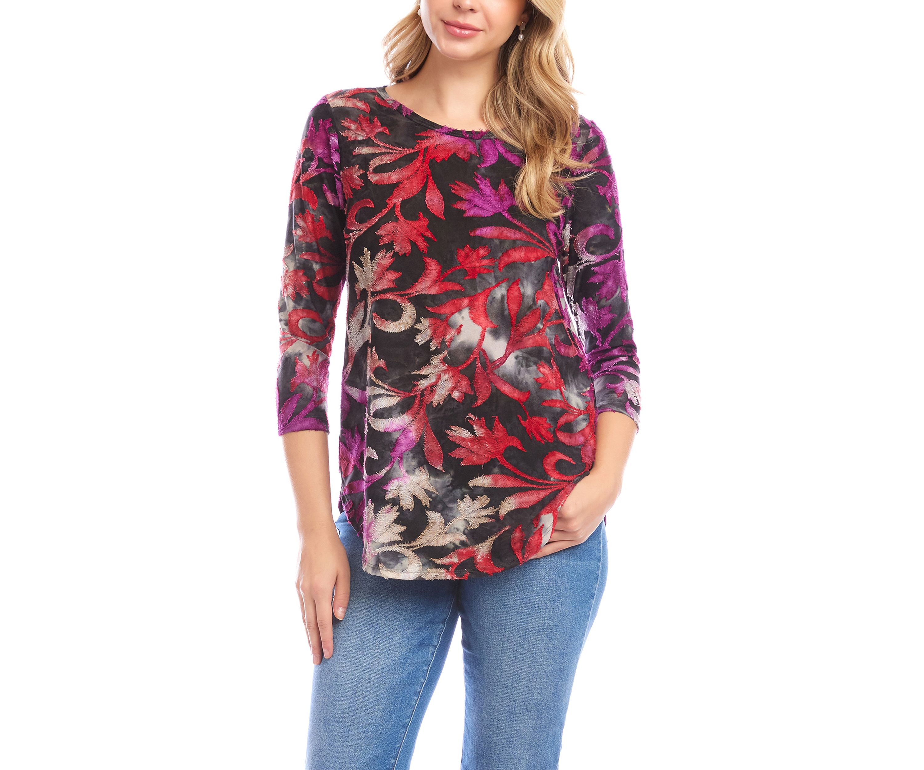 Petite Size 3/4 Sleeve Burnout Shirttail Top