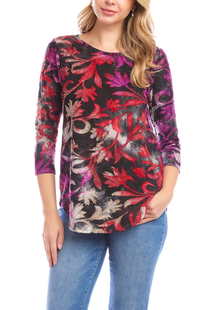 Petite Size 3/4 Sleeve Burnout Shirttail Top