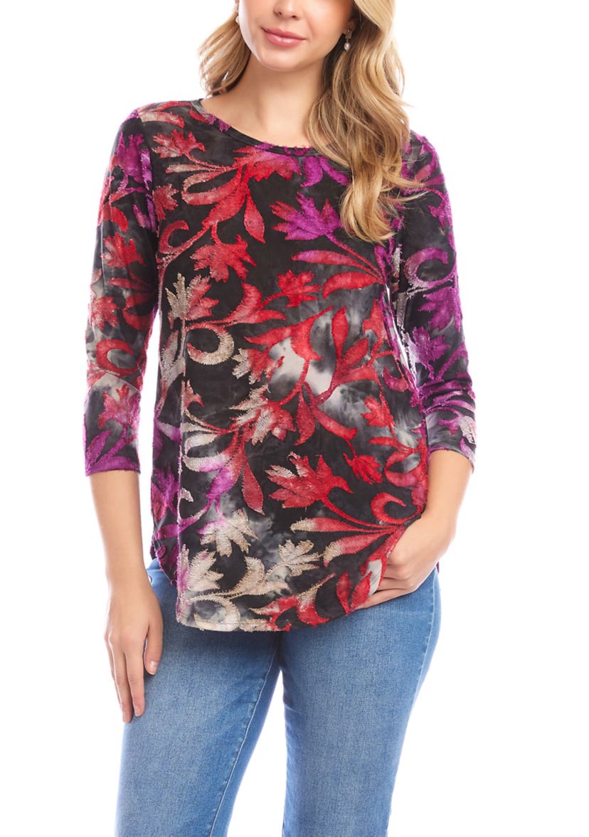 Womens 3/4 Sleeve Burnout Shirttail Top