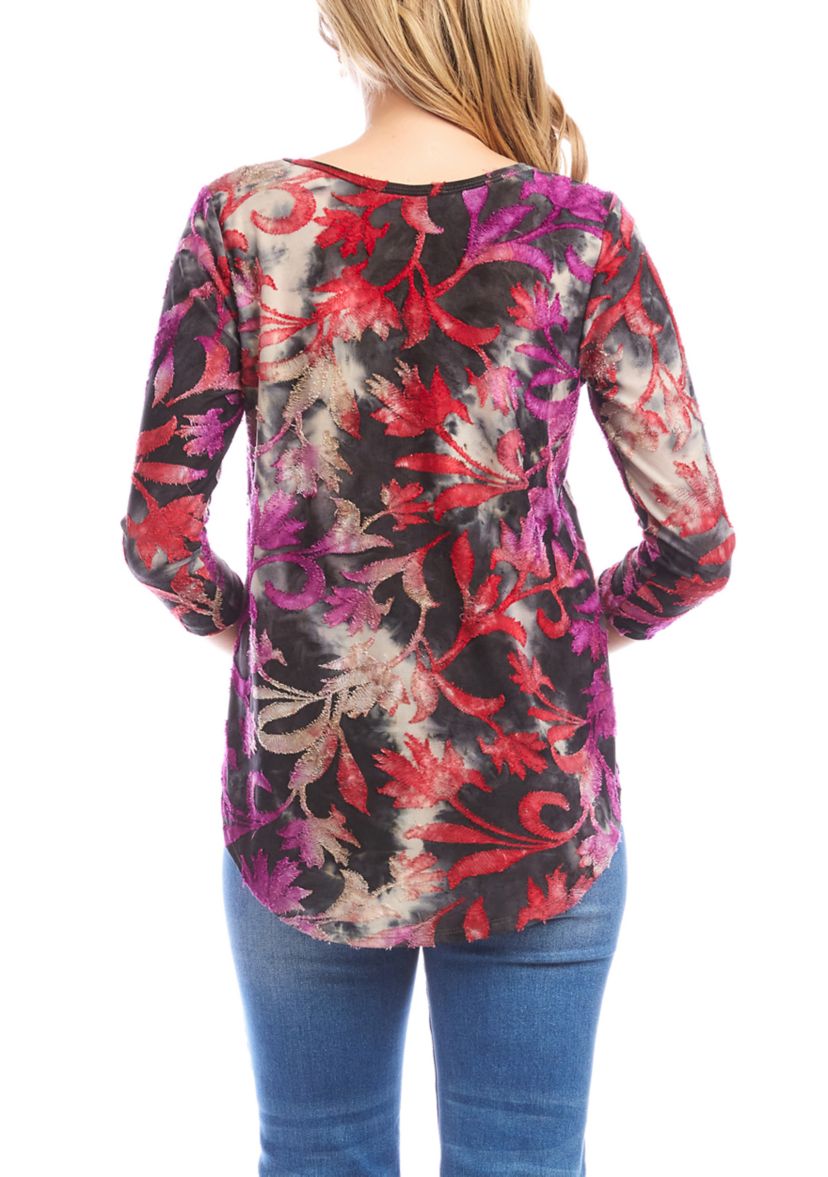 Womens 3/4 Sleeve Burnout Shirttail Top