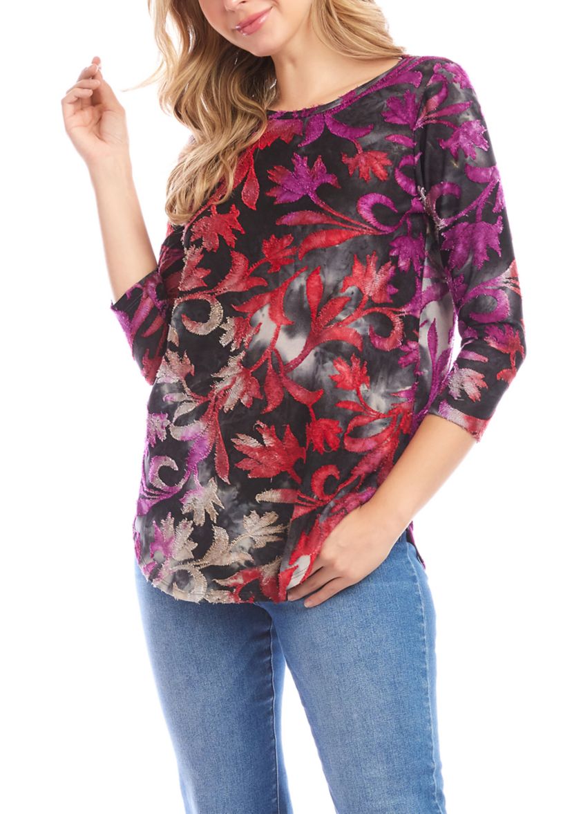 Womens 3/4 Sleeve Burnout Shirttail Top