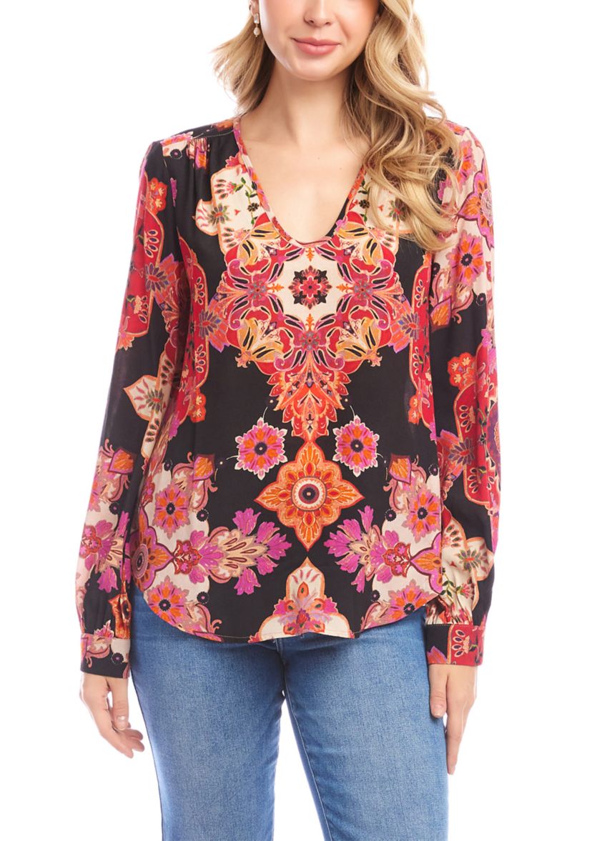 Petite Size Long Sleeve Scoop Neck Blouse