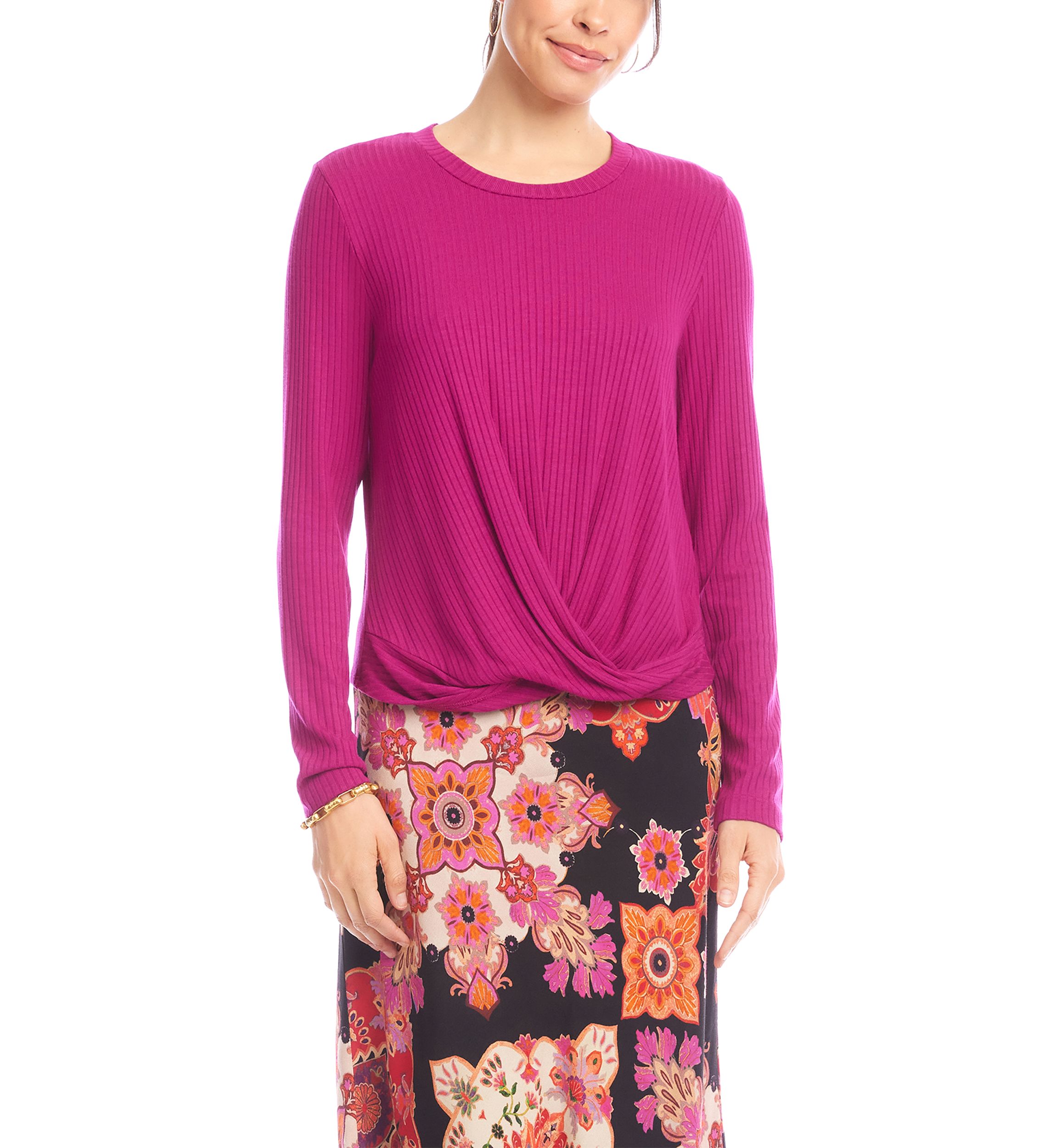 Womens Ribbed Long Sleeve Drape Front Crossover Top