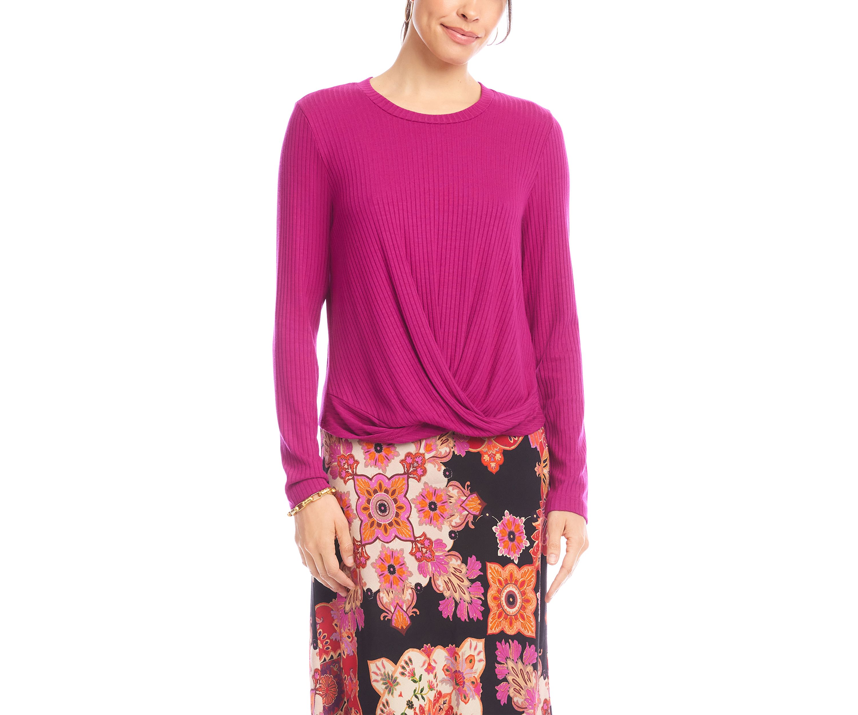 Womens Ribbed Long Sleeve Drape Front Crossover Top
