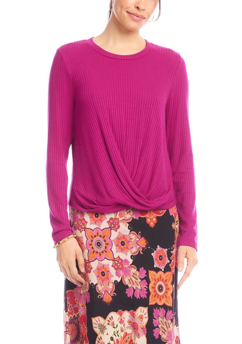 Womens Ribbed Long Sleeve Drape Front Crossover Top