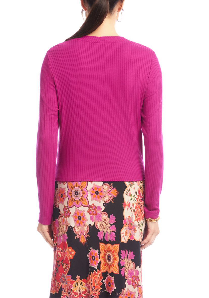 Womens Ribbed Long Sleeve Drape Front Crossover Top