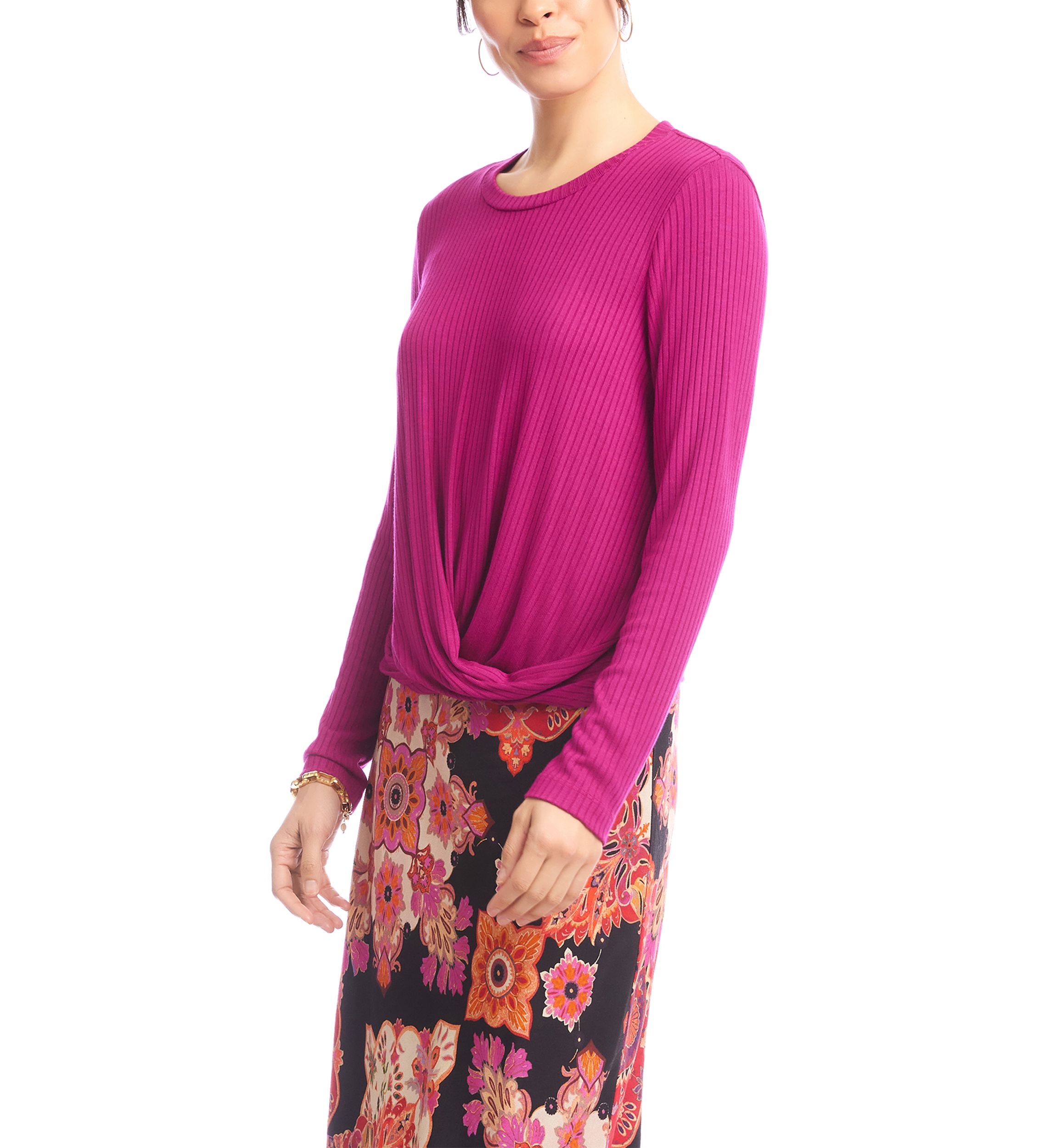 Womens Ribbed Long Sleeve Drape Front Crossover Top