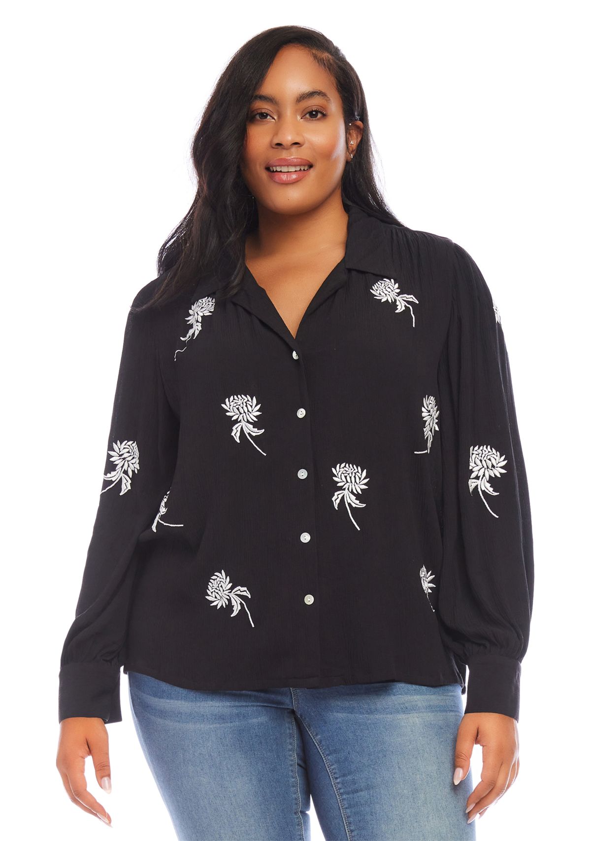Plus Size Embroidered Blouson Sleeve Top