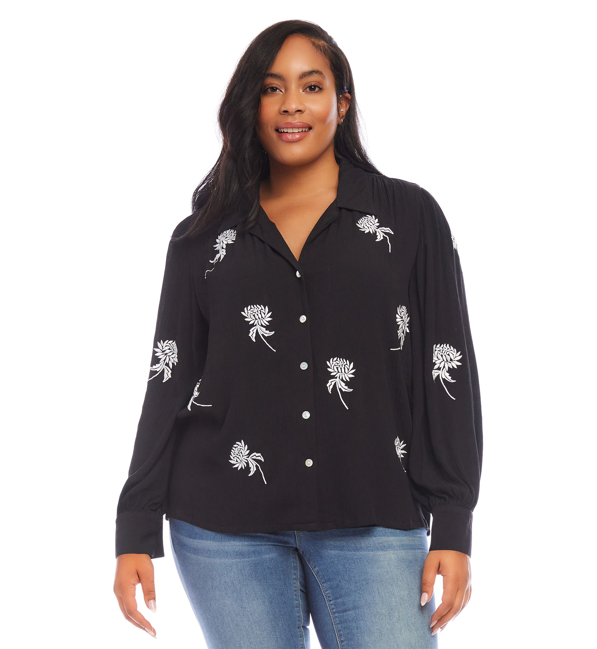 Plus Size Embroidered Blouson Sleeve Top