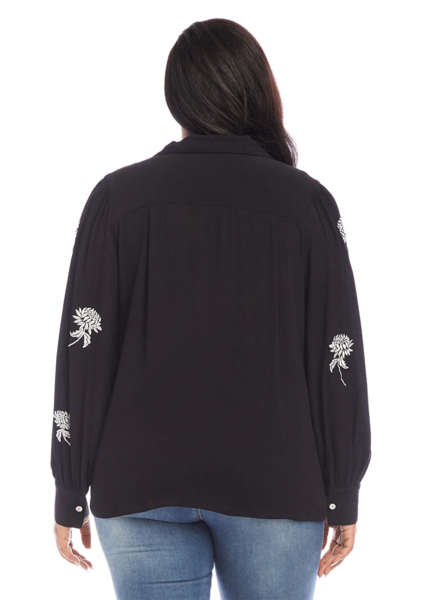 Plus Size Embroidered Blouson Sleeve Top