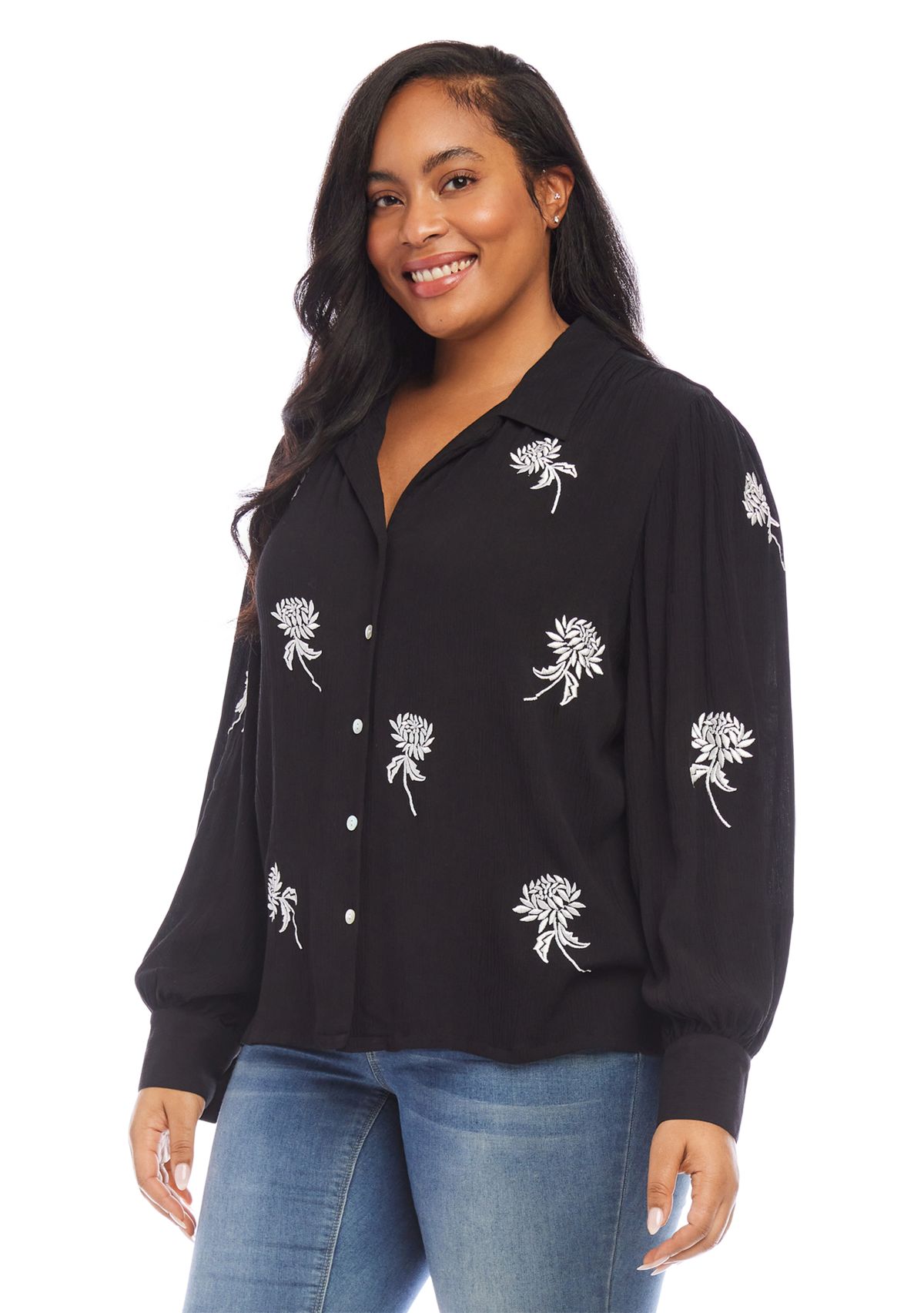 Plus Size Embroidered Blouson Sleeve Top