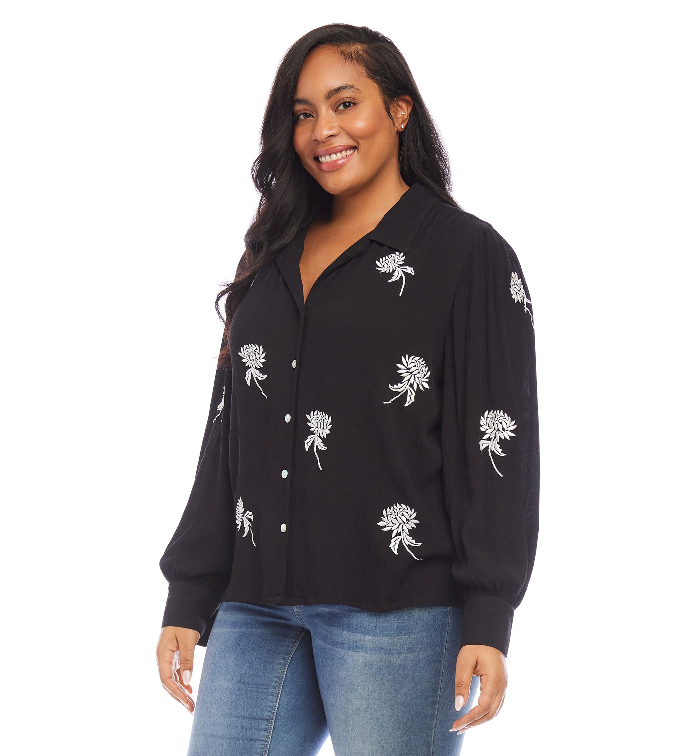 Plus Size Embroidered Blouson Sleeve Top