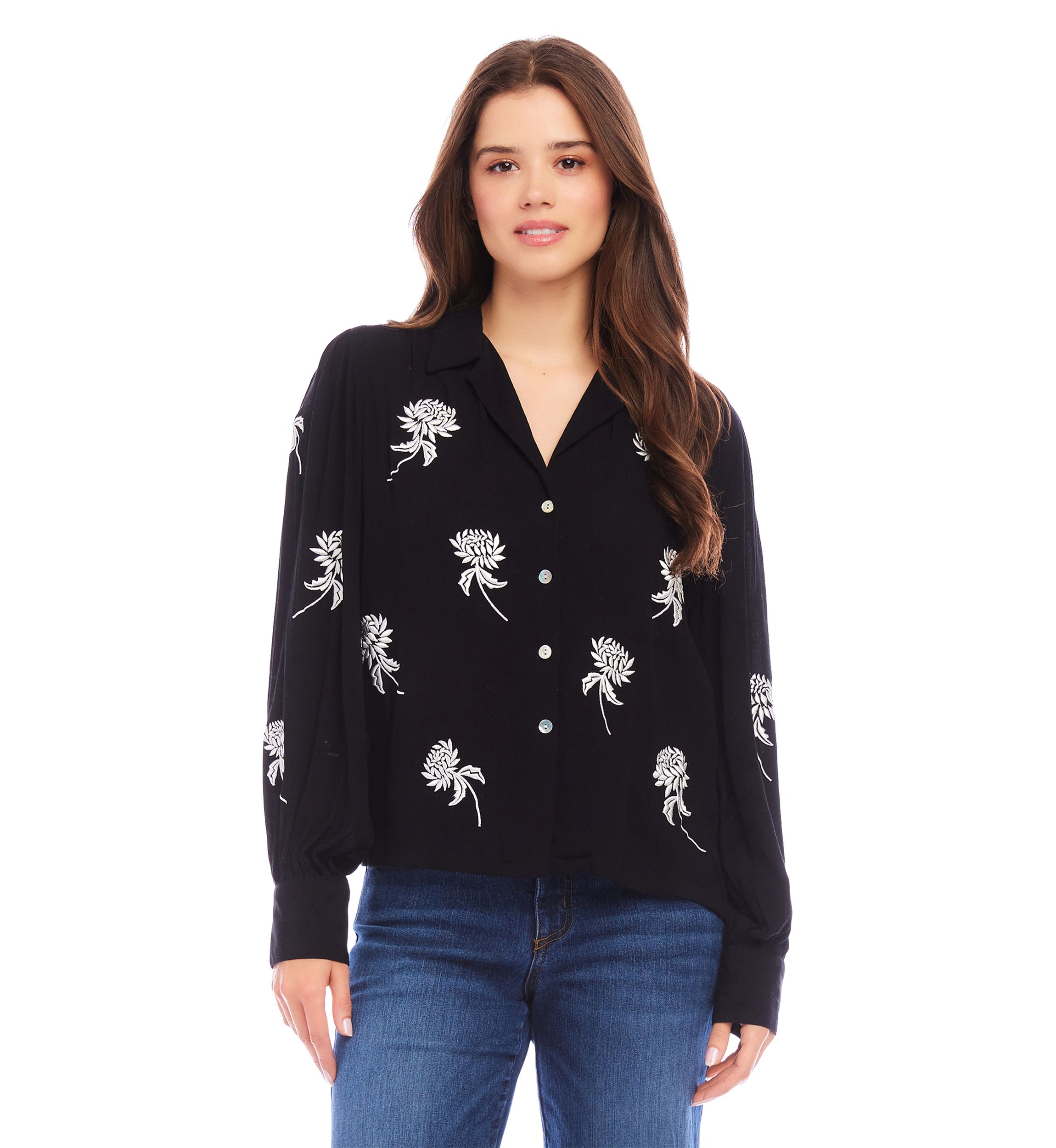 Womens Embroidered Blouson Sleeve Top