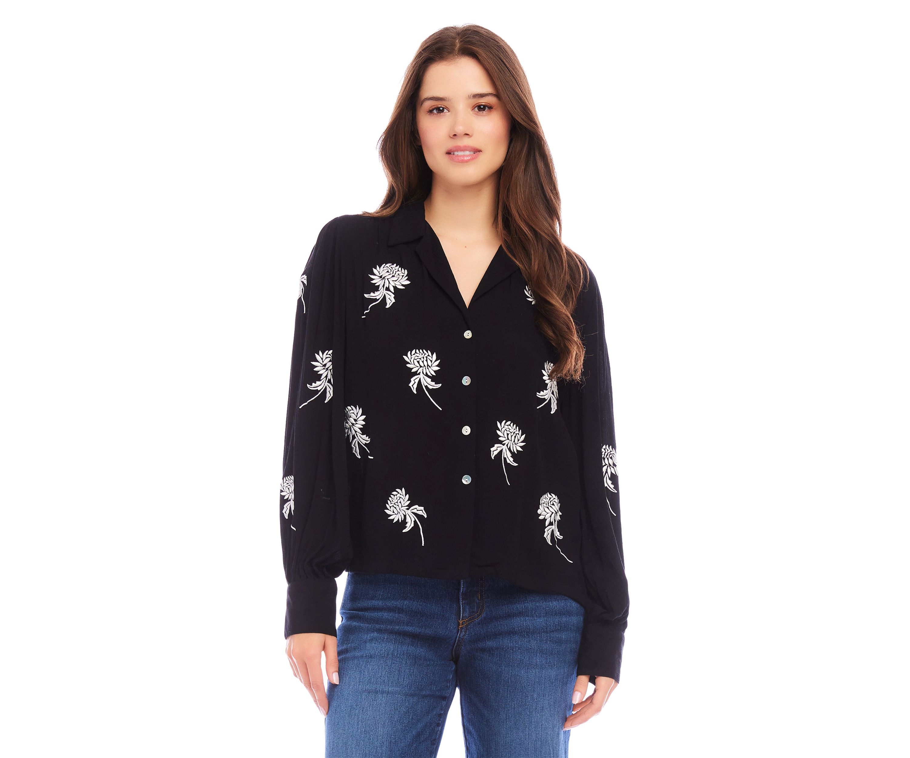 Womens Embroidered Blouson Sleeve Top