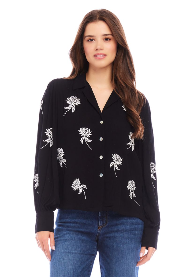 Womens Embroidered Blouson Sleeve Top