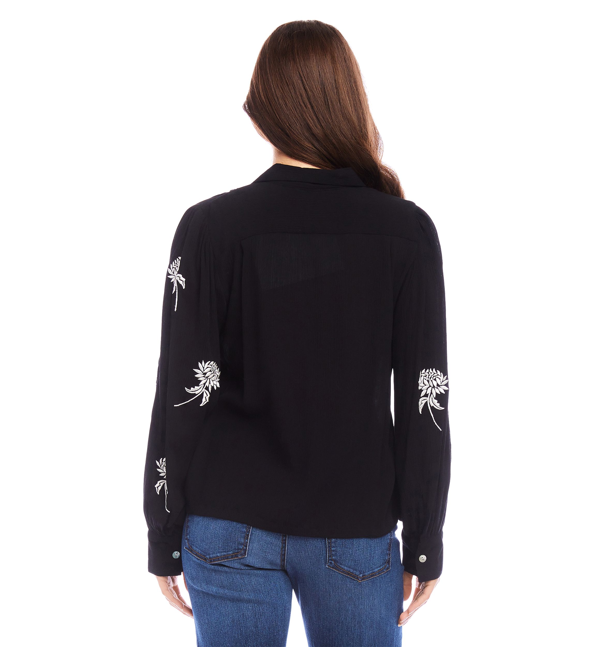 Womens Embroidered Blouson Sleeve Top
