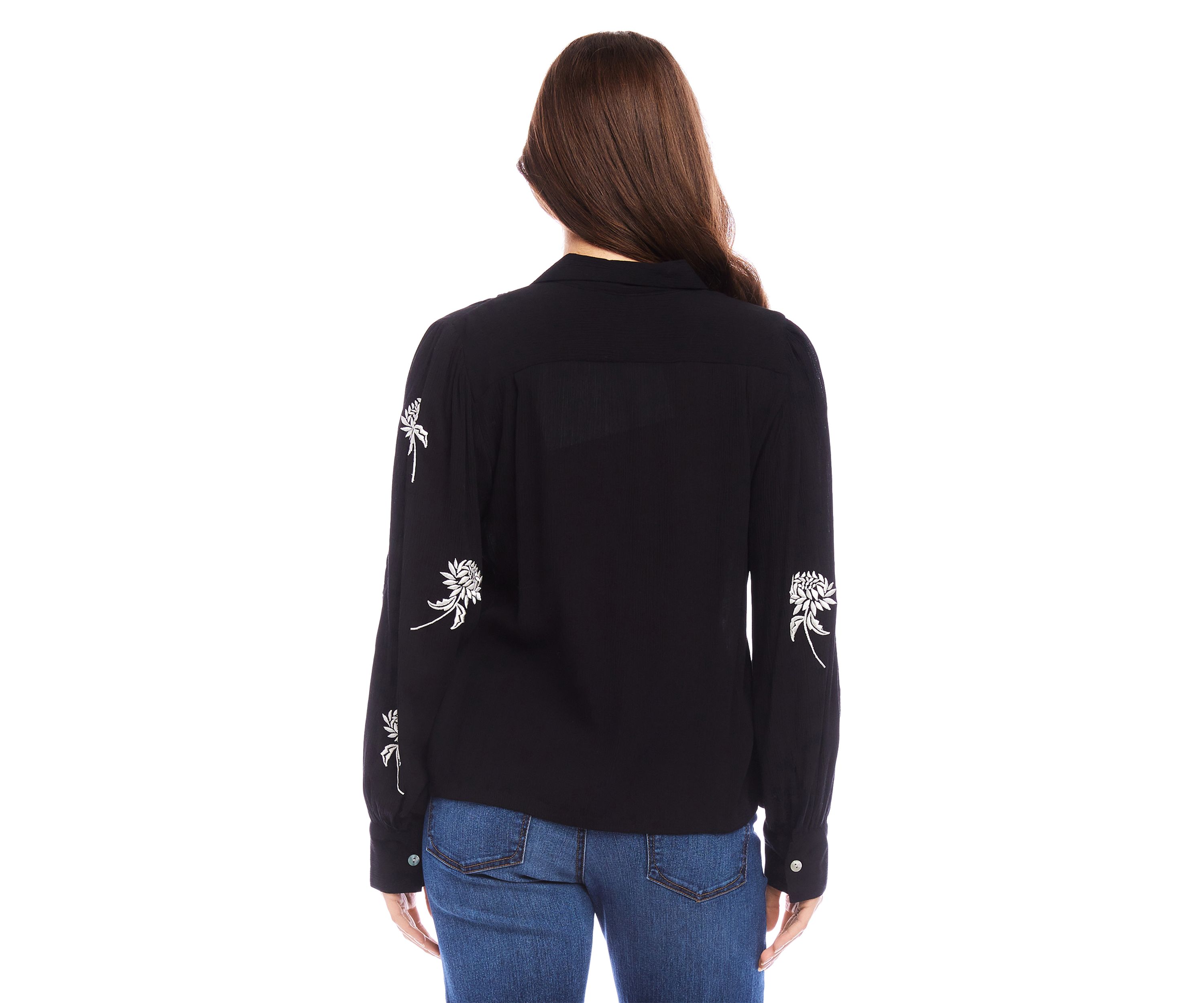 Womens Embroidered Blouson Sleeve Top