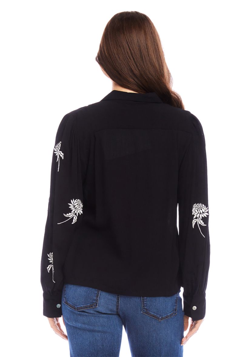Womens Embroidered Blouson Sleeve Top
