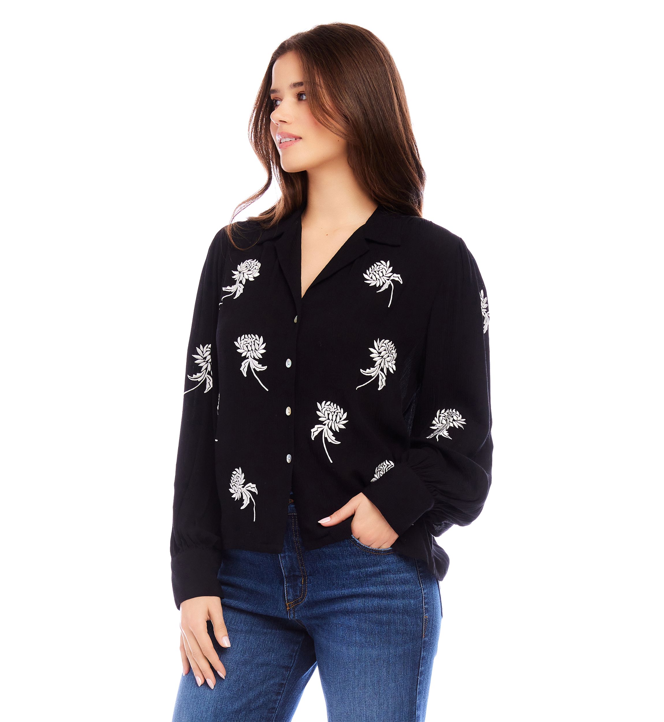 Womens Embroidered Blouson Sleeve Top