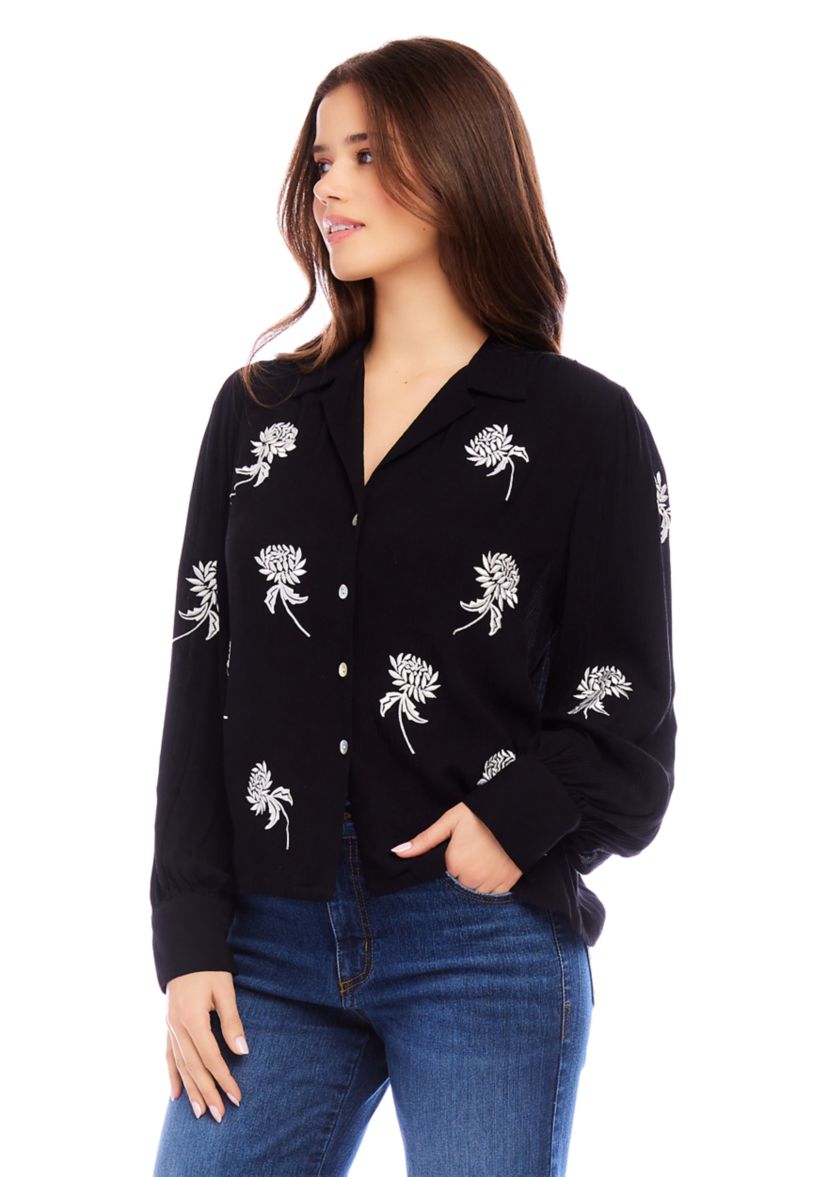 Womens Embroidered Blouson Sleeve Top