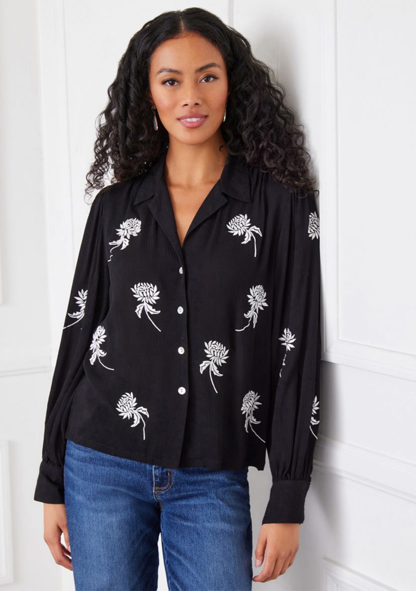 Womens Embroidered Blouson Sleeve Top