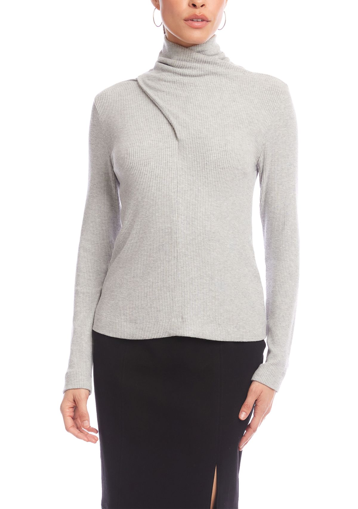 Womens Ribbed Faux Wrap Turtleneck 