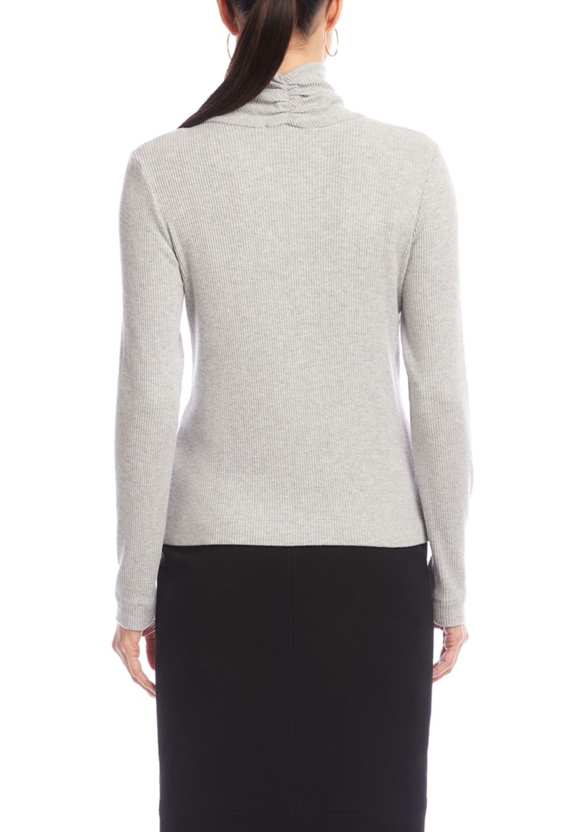 Womens Ribbed Faux Wrap Turtleneck 