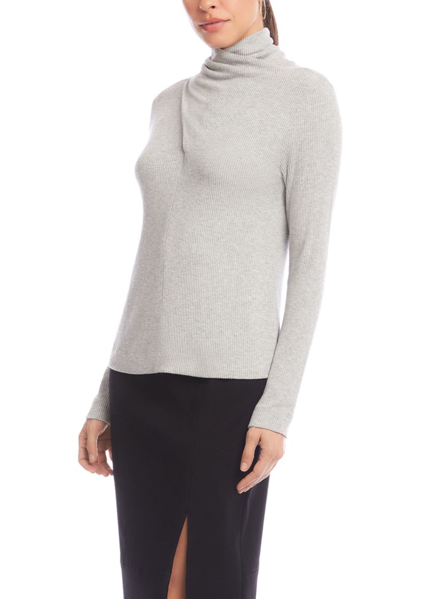 Womens Ribbed Faux Wrap Turtleneck 