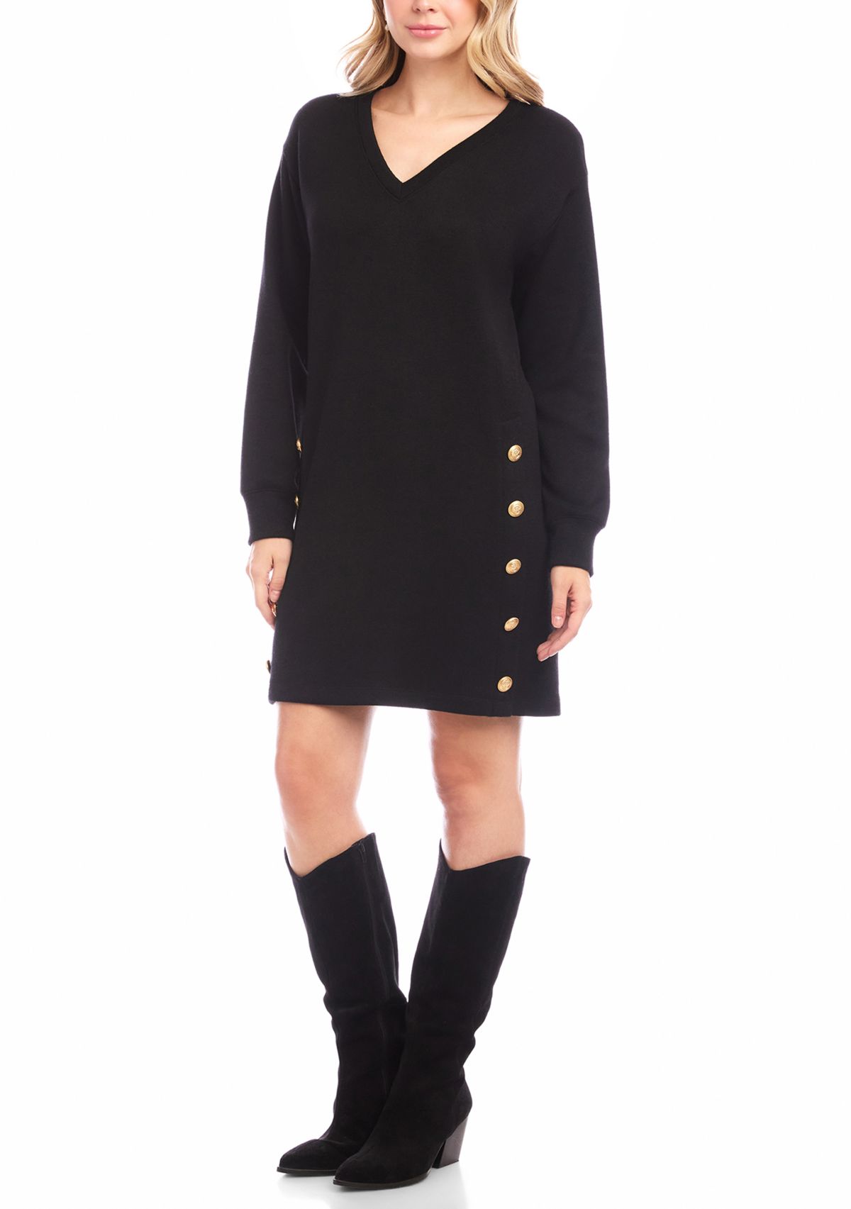 Womens Long Sleeve V-Neck Button Detail Dress