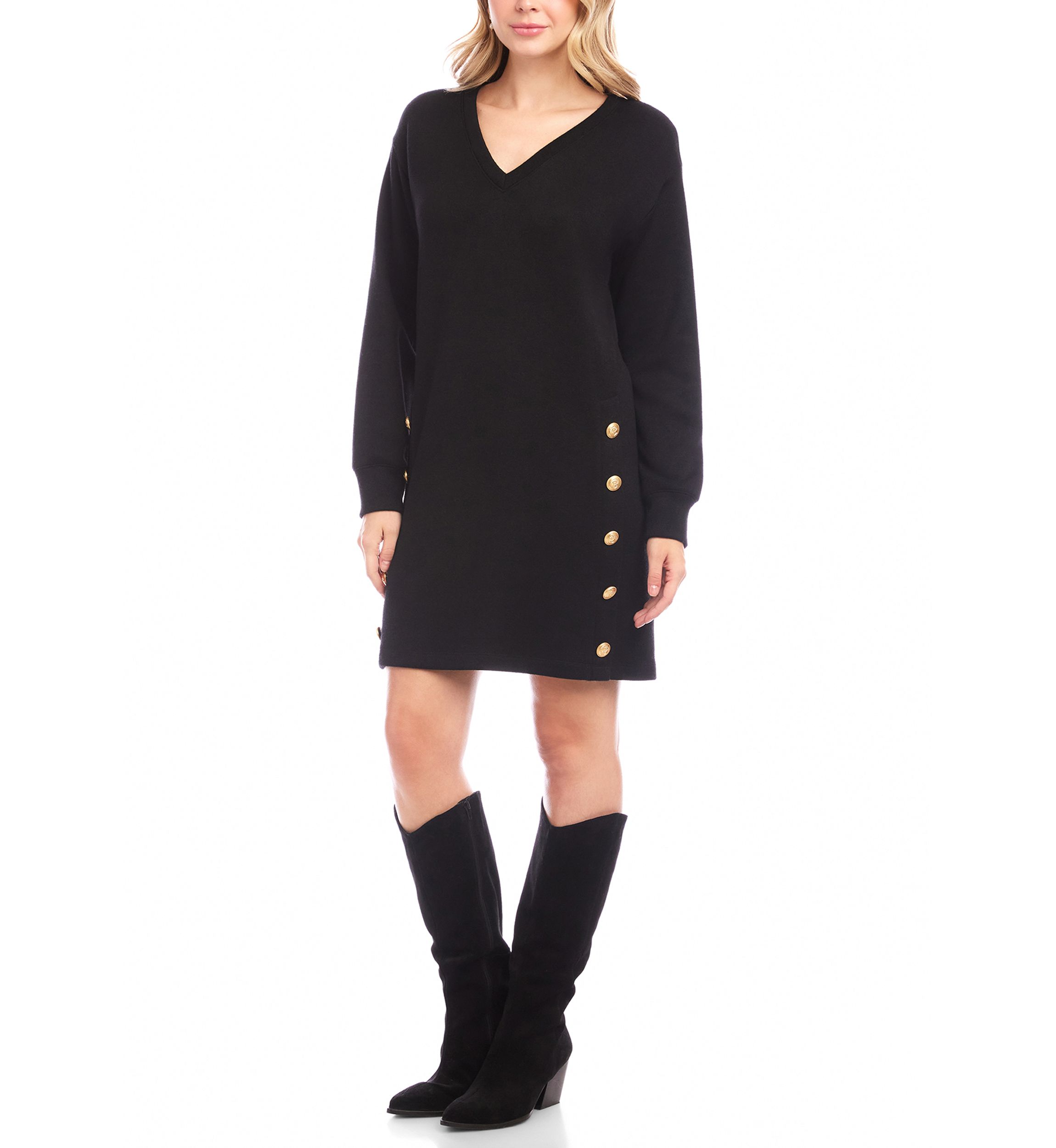 Womens Long Sleeve V-Neck Button Detail Dress