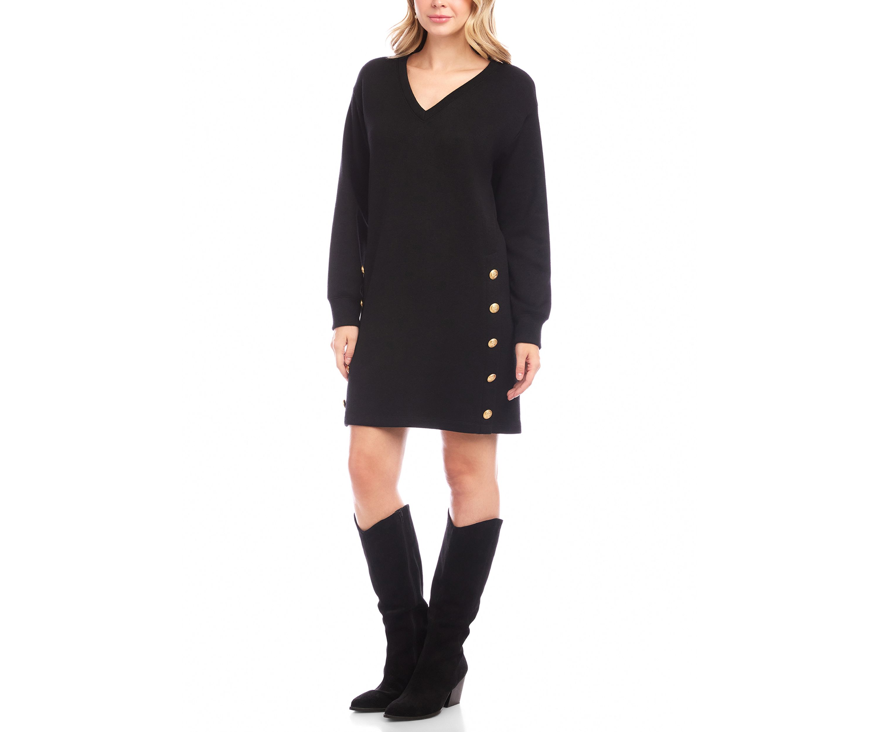 Womens Long Sleeve V-Neck Button Detail Dress