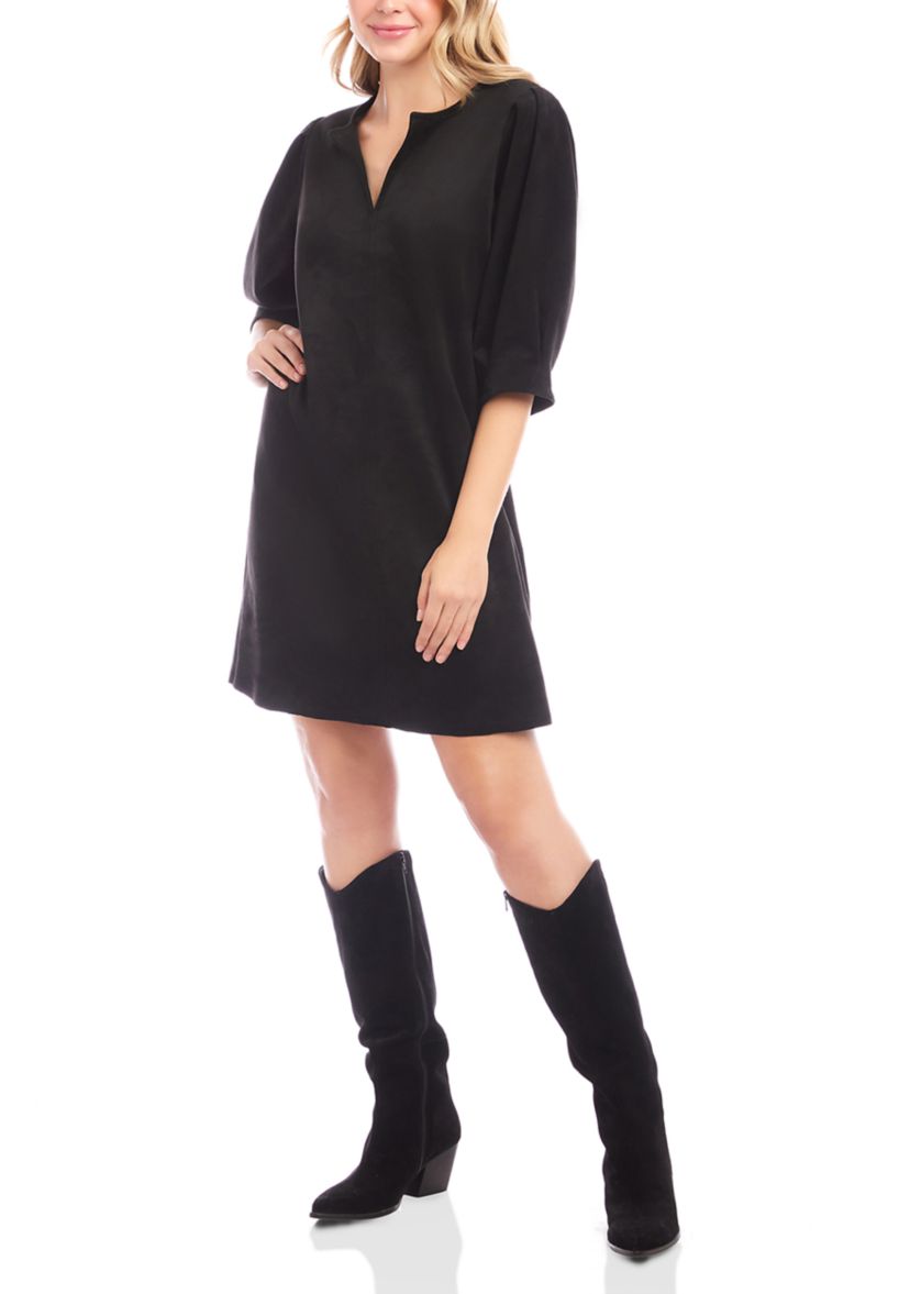 Womens Faux Suede Puff Sleeve Dress