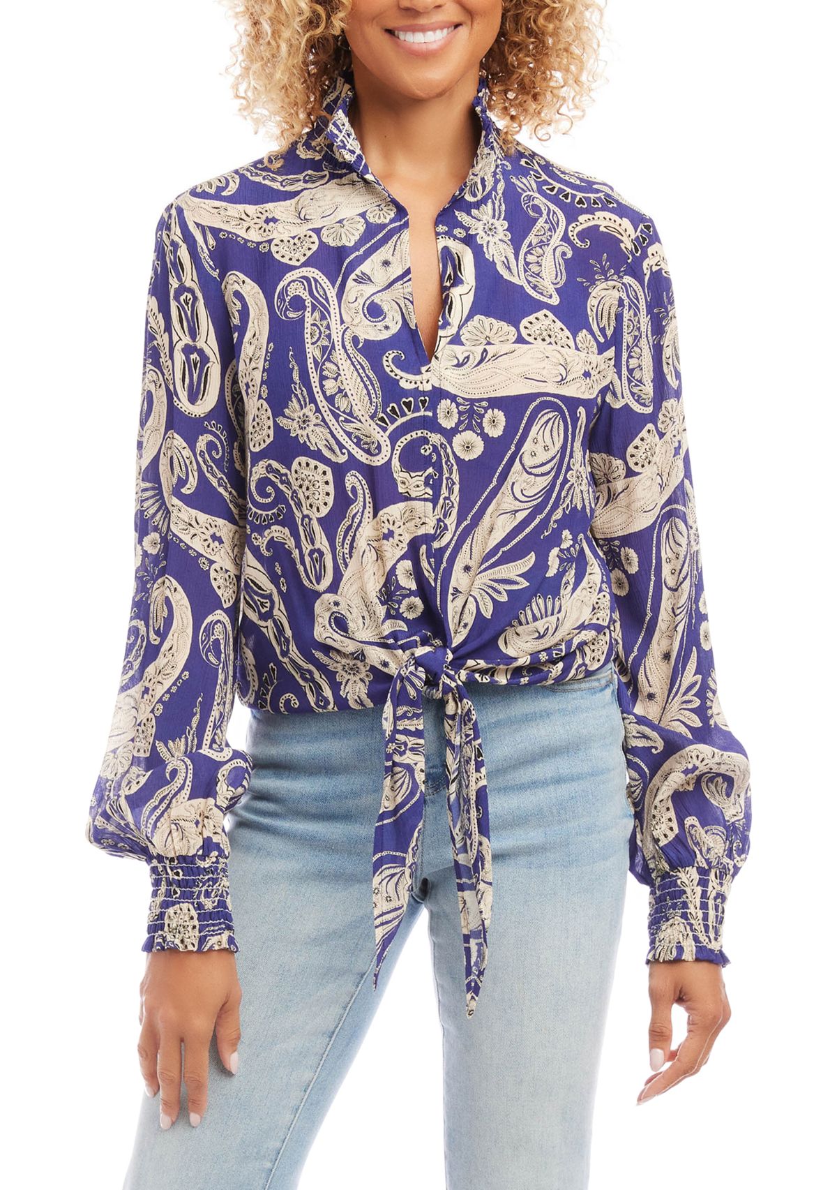 Womens Smocked Tie-Front Top