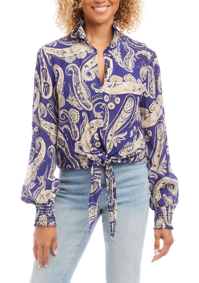 Womens Smocked Tie-Front Top