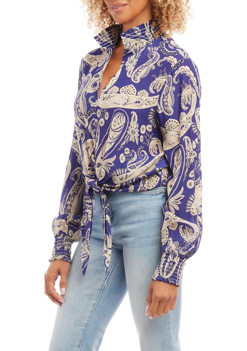 Womens Smocked Tie-Front Top