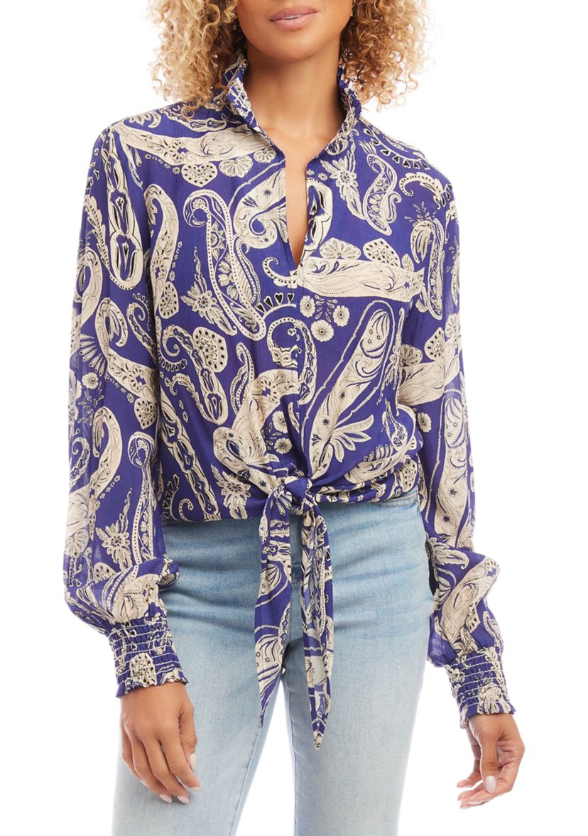 Womens Smocked Tie-Front Top