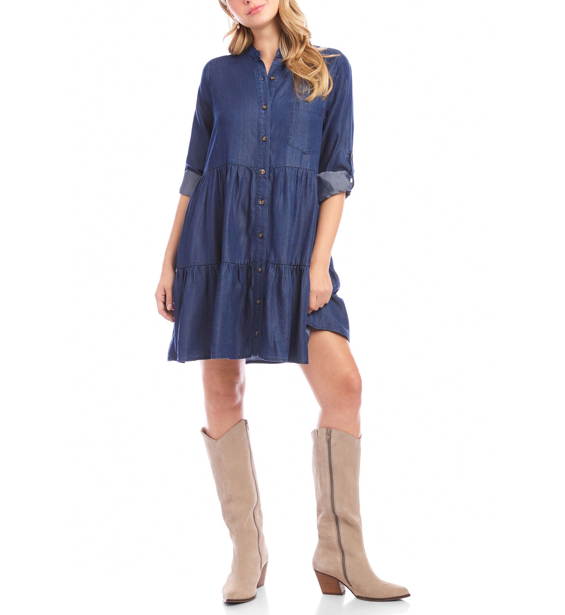 Petite Size Roll Tab Tiered Shirtdress