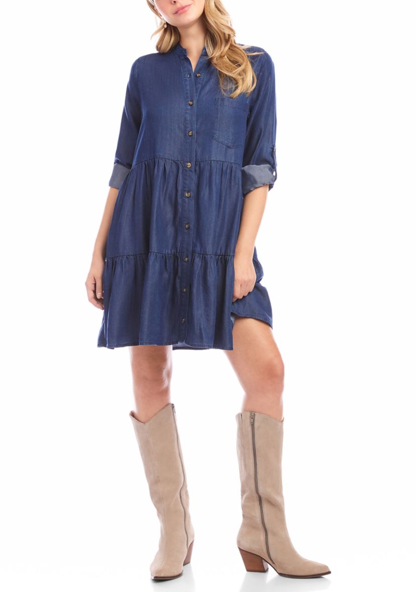 Petite Size Roll Tab Tiered Shirtdress