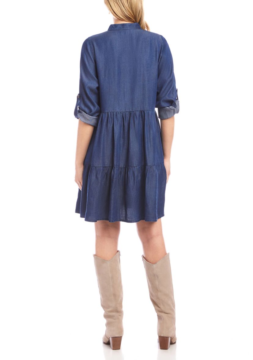Petite Size Roll Tab Tiered Shirtdress