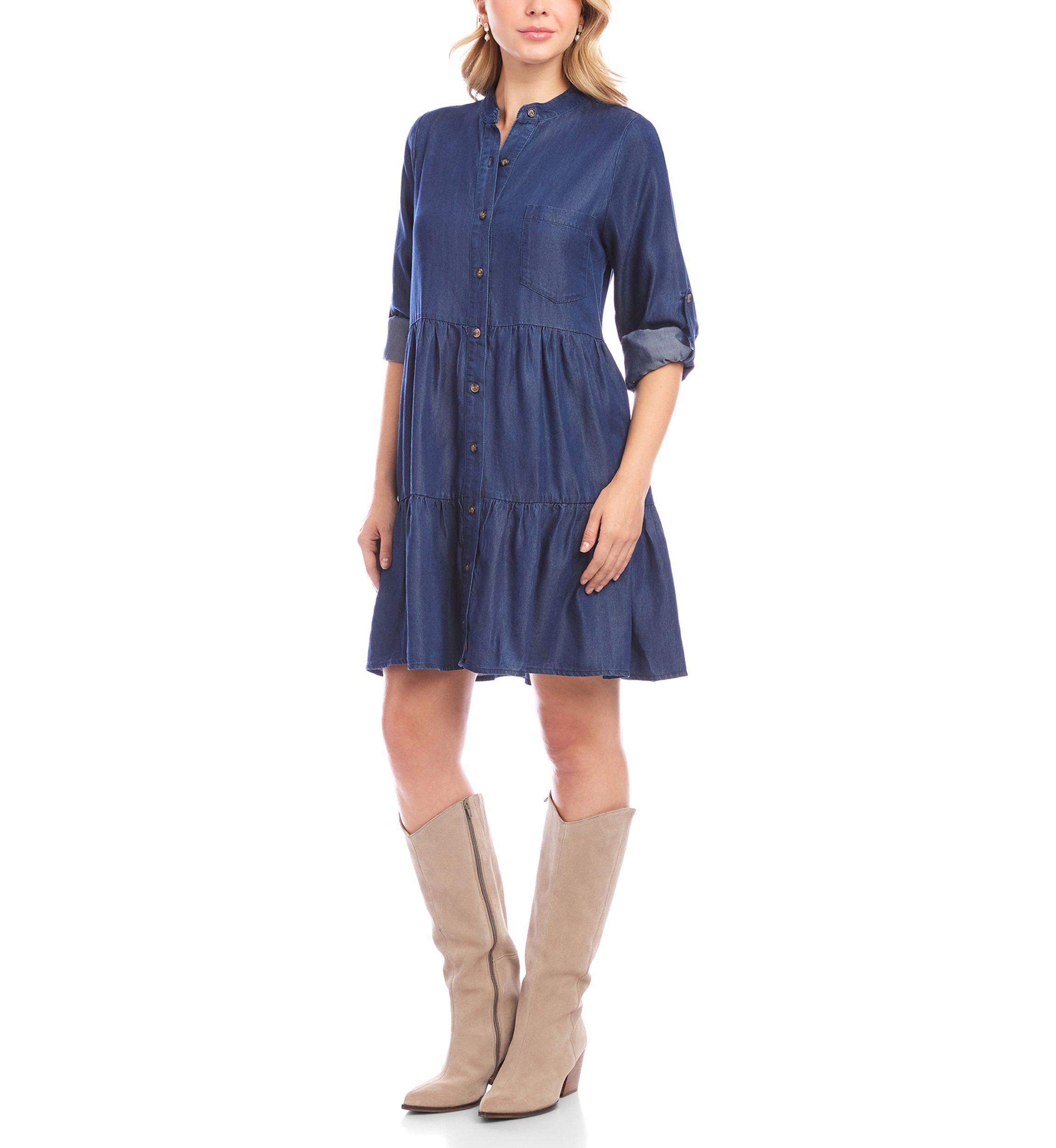 Petite Size Roll Tab Tiered Shirtdress