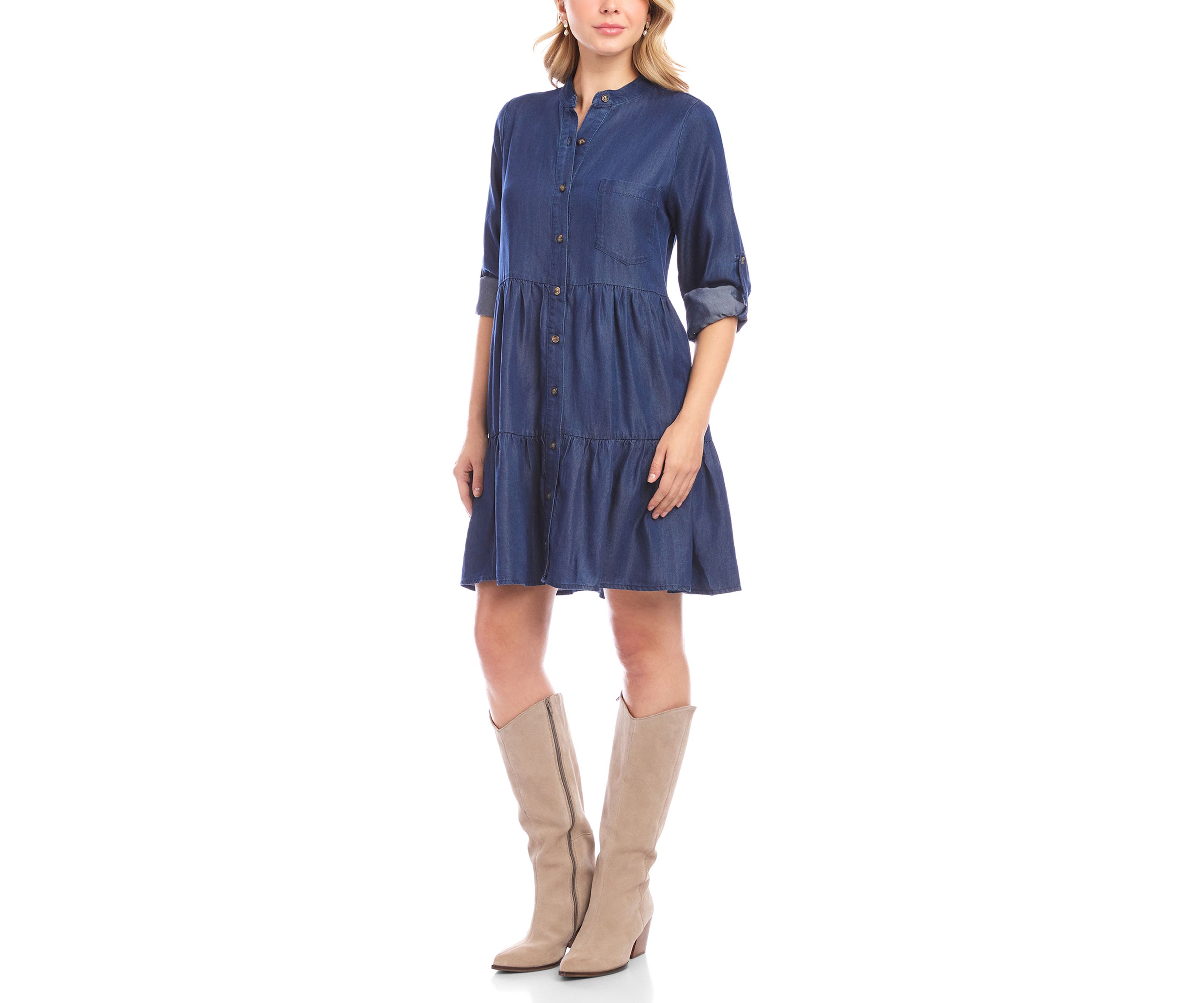 Petite Size Roll Tab Tiered Shirtdress